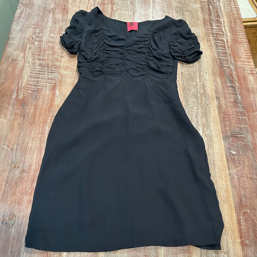 Black silk Juliette Longuet mini dress with ruched bodice